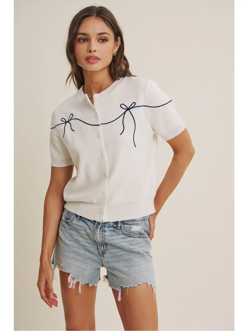 Women's White Short-Sleeve Button-Front Top with Navy Bow Detail
